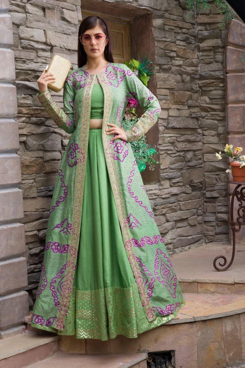 Crop Top Lehenga With Jacket Long Crop Top With Lehenga Mint Green