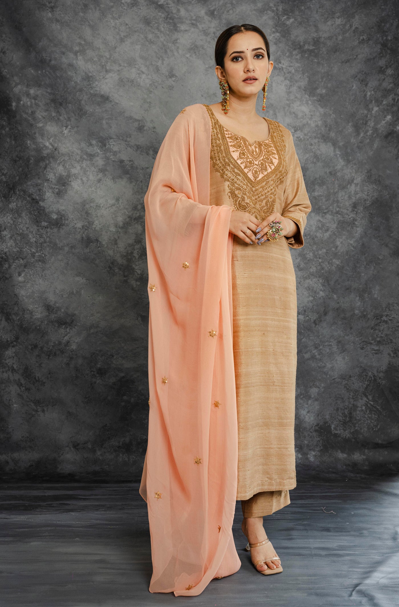 Beige And Peach Kurta Set