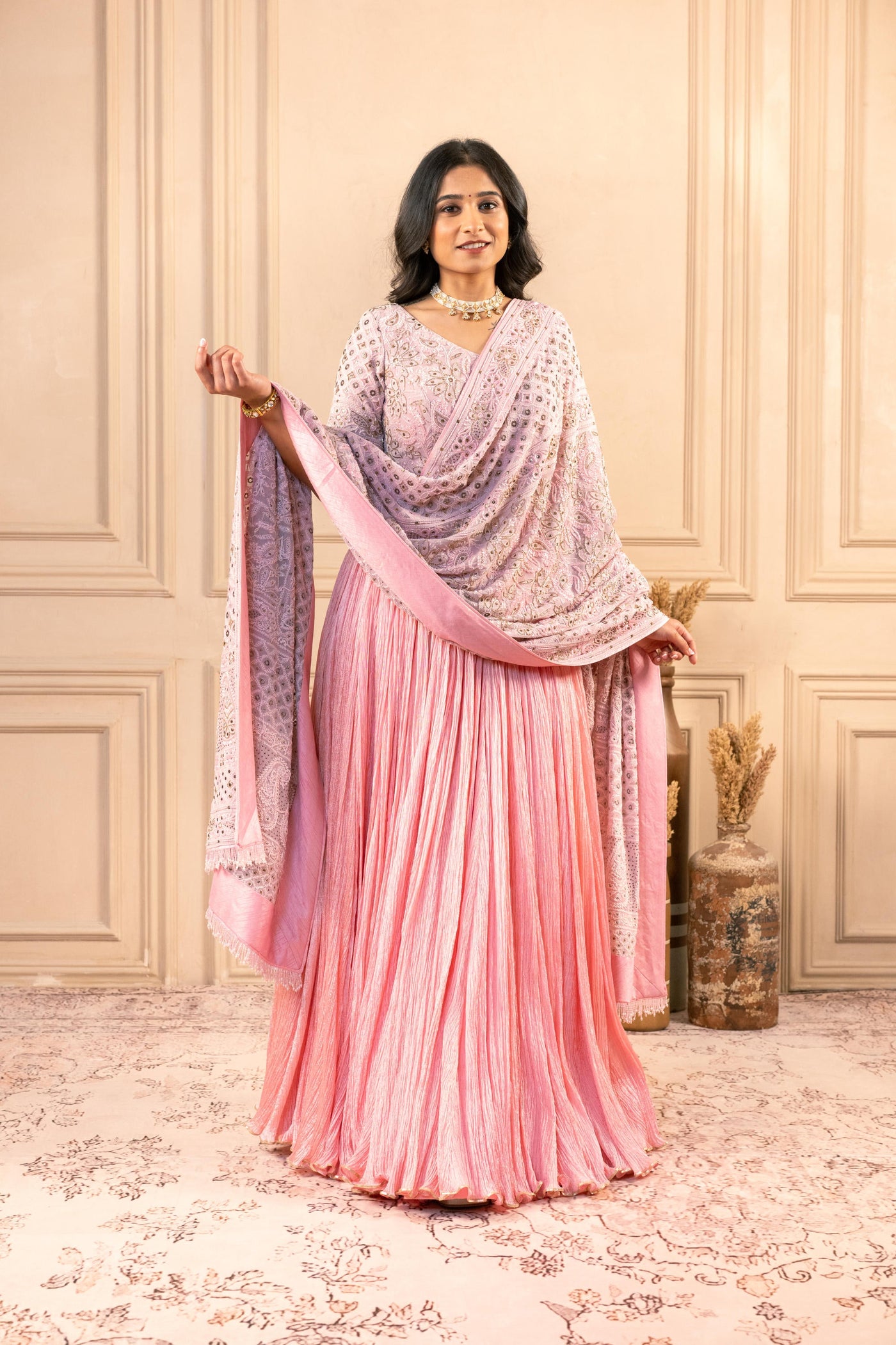 BLUSH PINK LUKHNAVI CRUSH LEHENGA SET