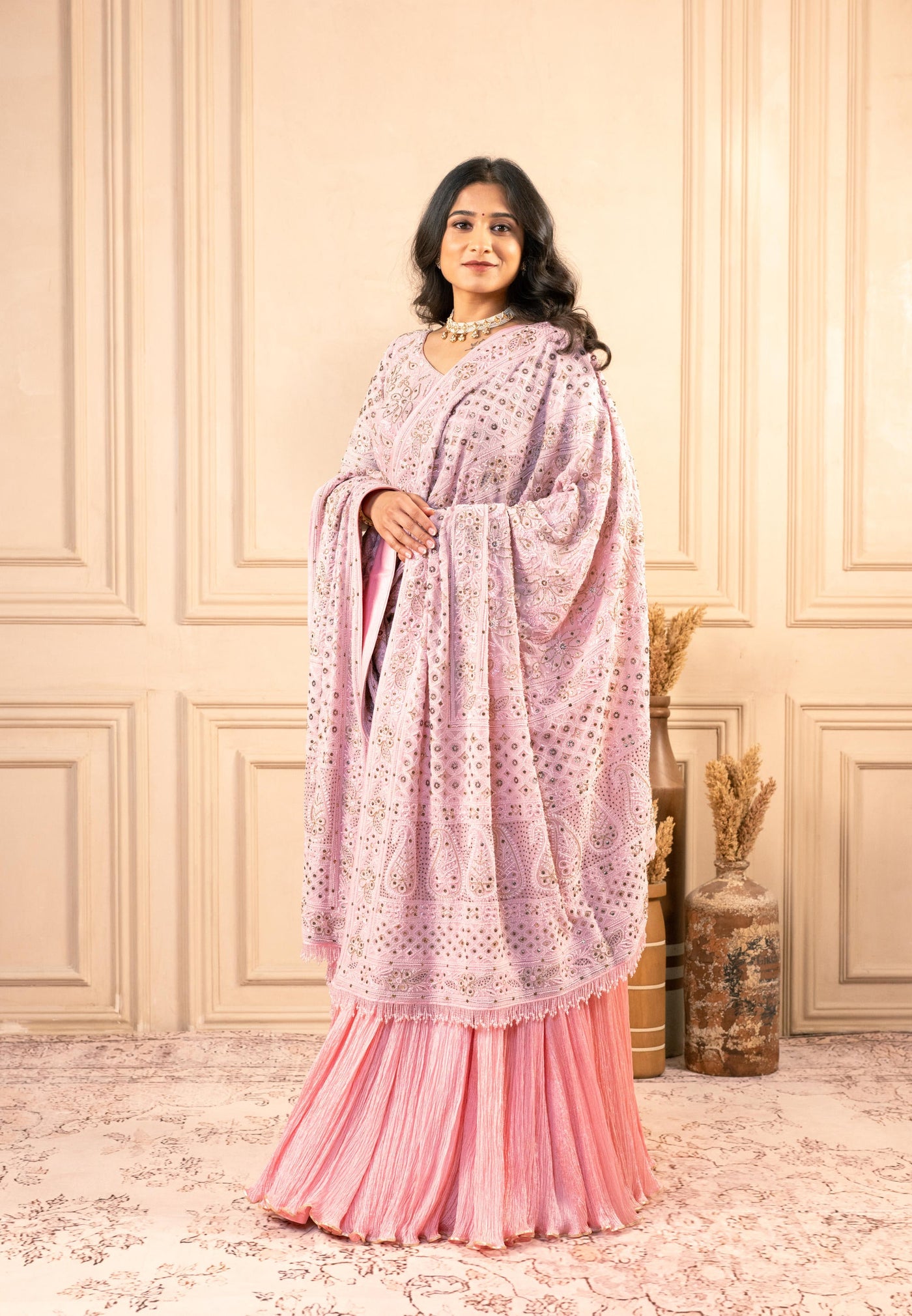 BLUSH PINK LUKHNAVI CRUSH LEHENGA SET
