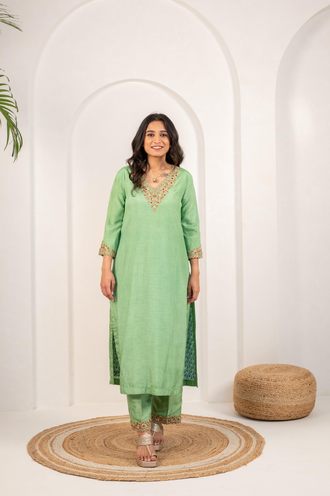 LIGHT GREEN & RED KURTA SET