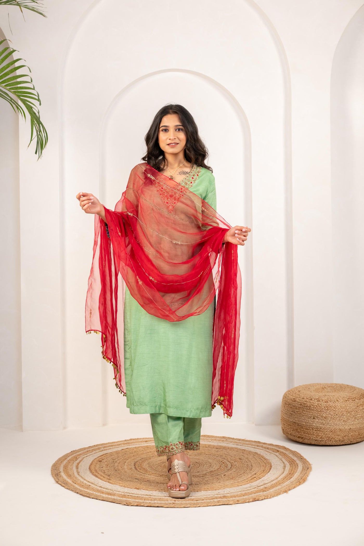 LIGHT GREEN & RED KURTA SET