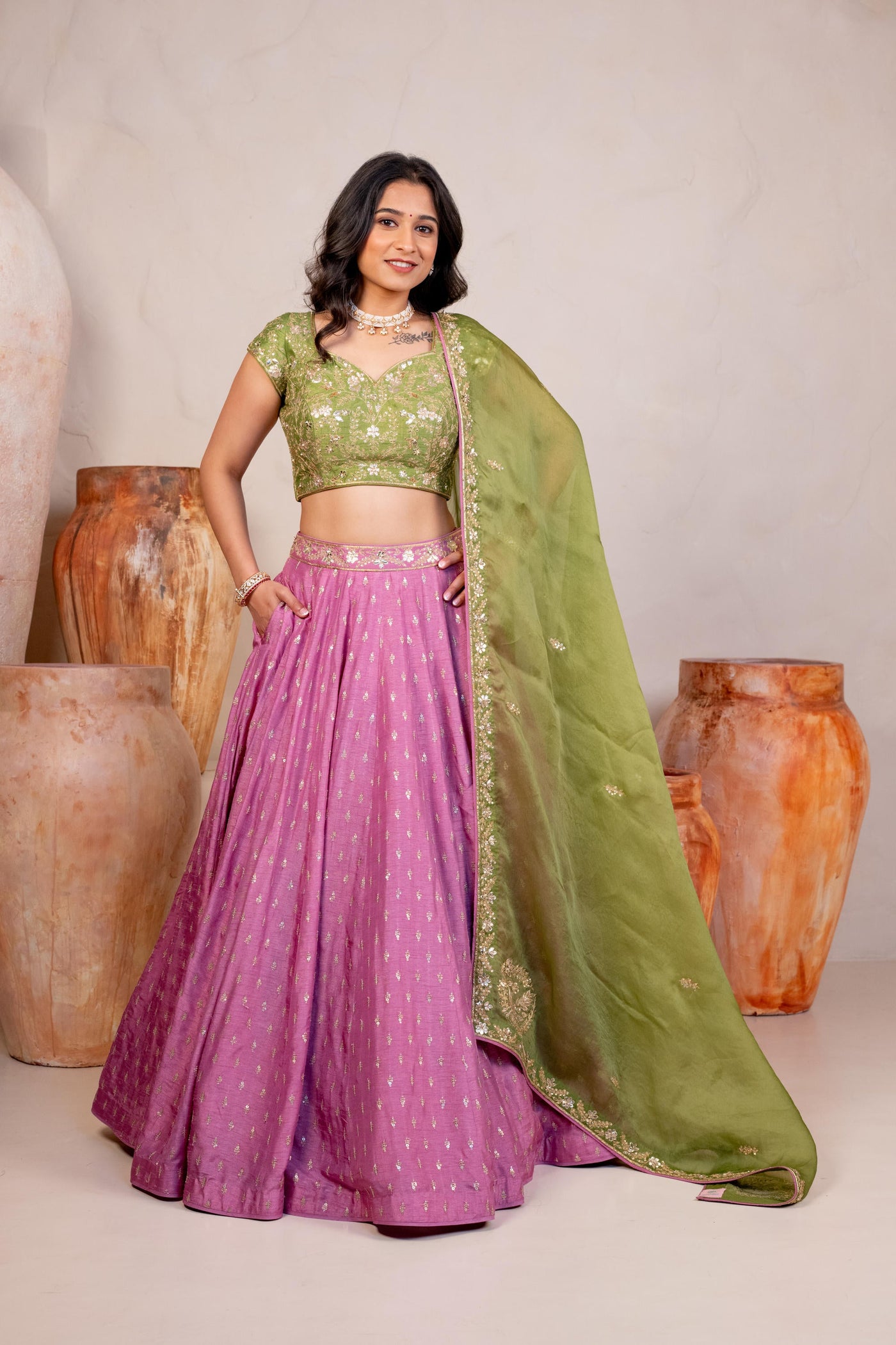 PINK AND GREEN LEHENGA SET