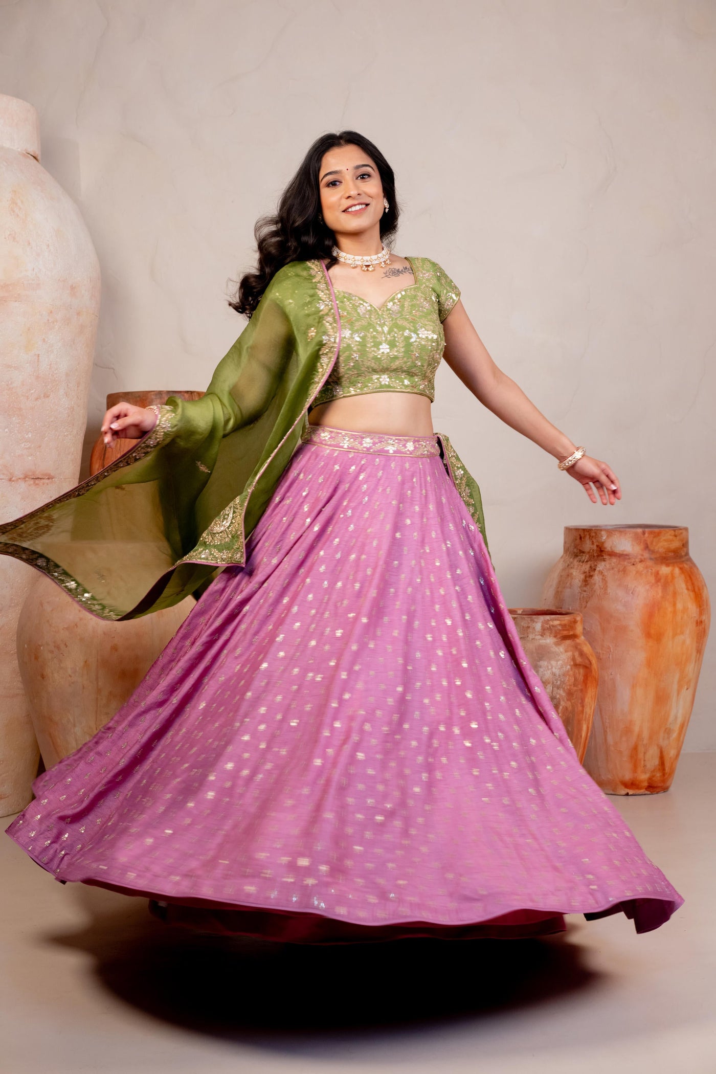 PINK AND GREEN LEHENGA SET