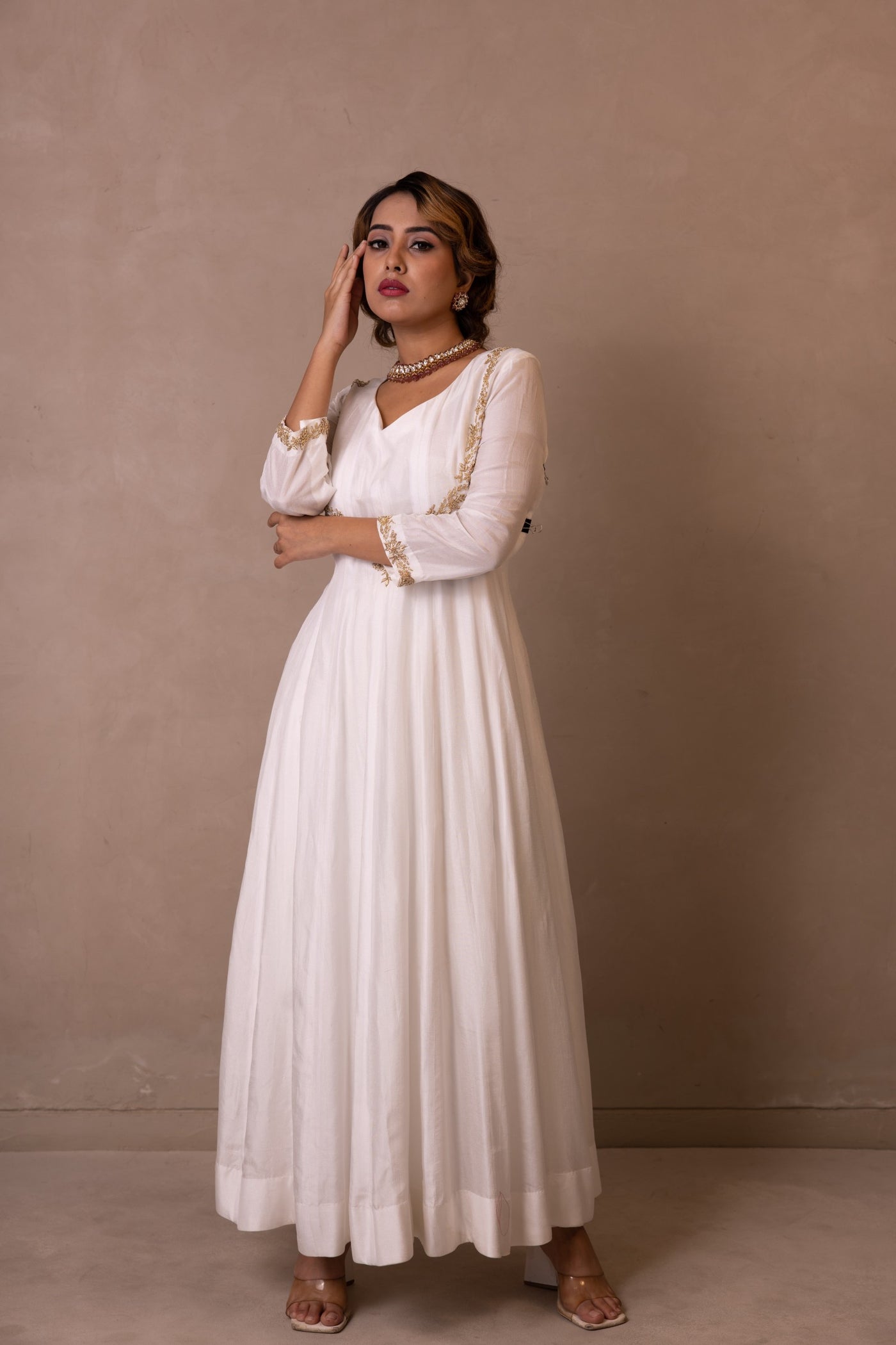 Women's White Anarkali Style Long Gown Kurta Set with Dupatta