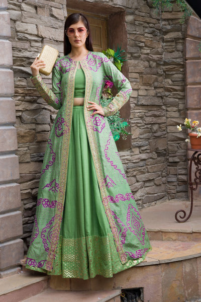 Mint green lehenga, crop top and jacket set