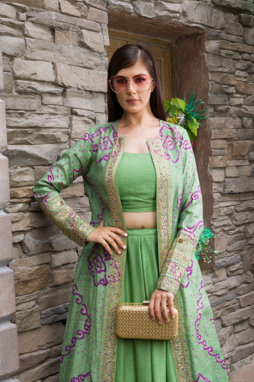 Mint green lehenga, crop top and jacket set