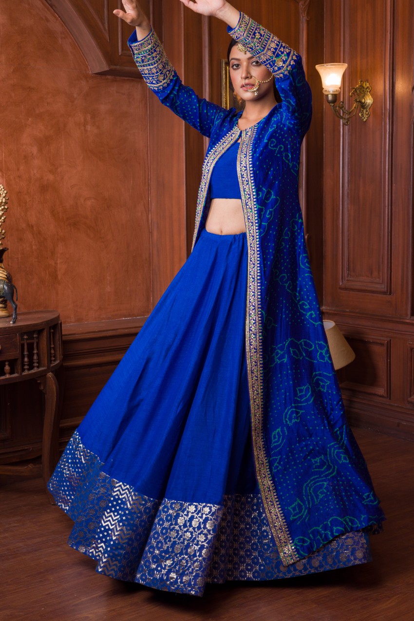 Royal blue Lehenga crop top and jacket set