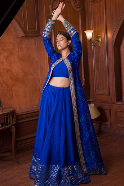 Royal blue Lehenga, crop top and jacket set