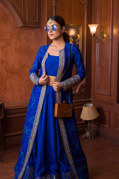 Royal blue Lehenga, crop top and jacket set