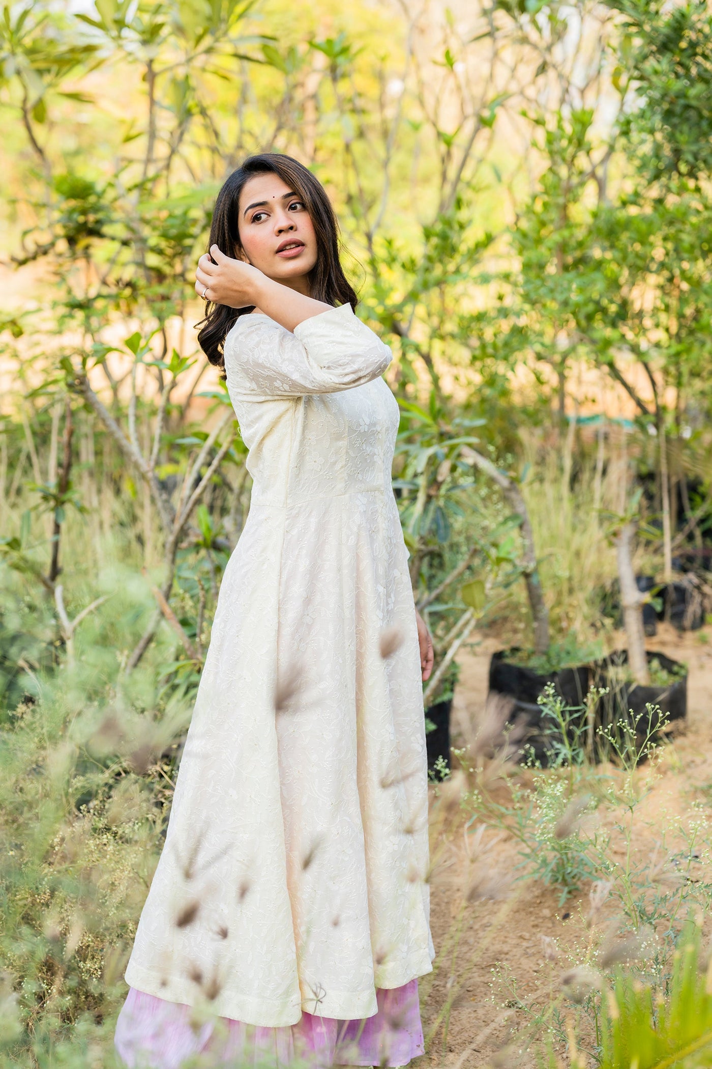 Lucknowi pearl white anakali kurta