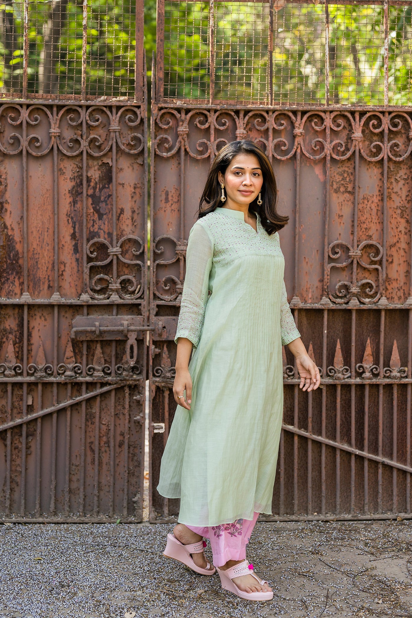 Crushed mint green kurta set