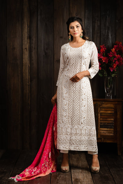 Pearl white lucknowi kurta set